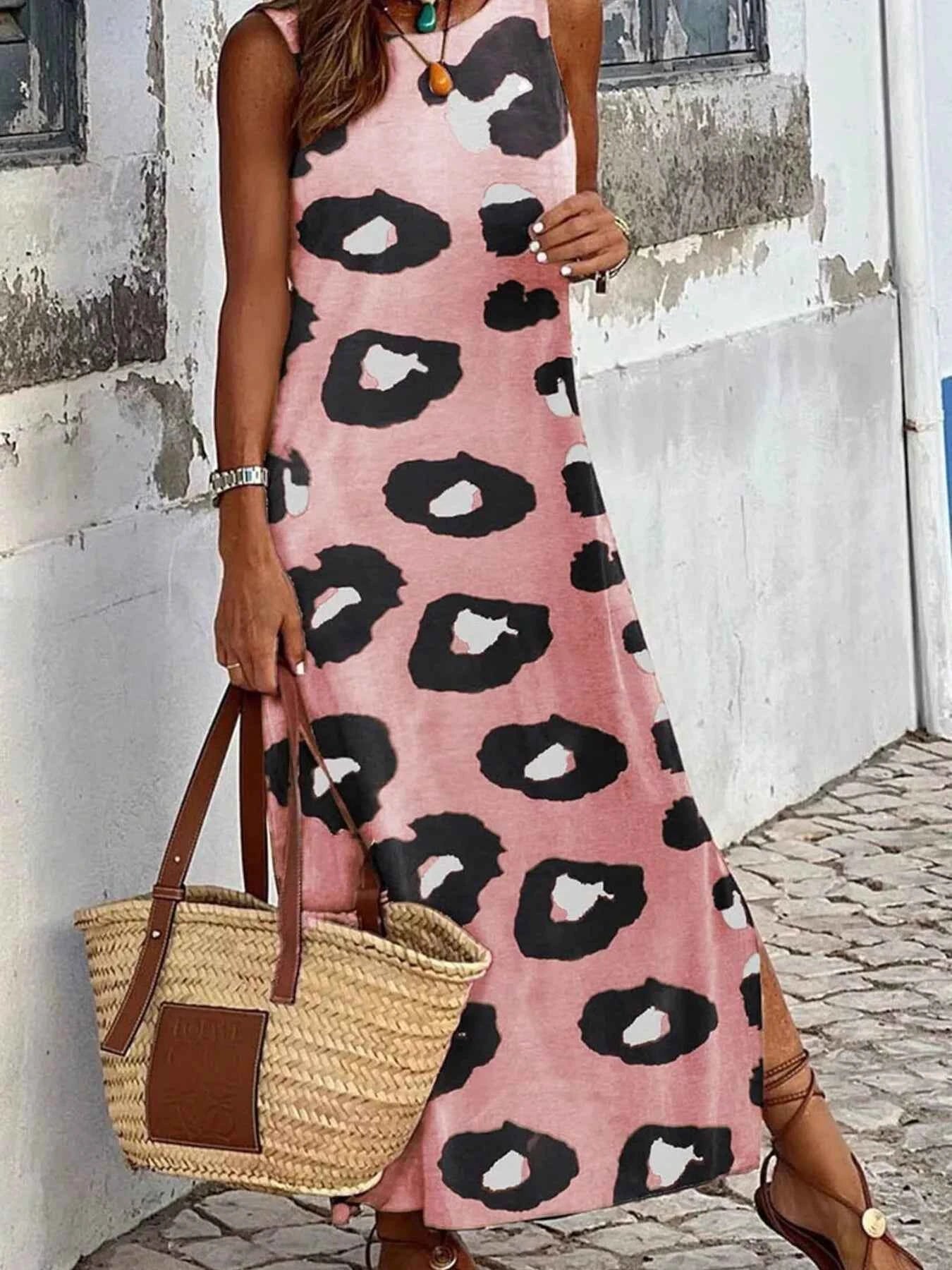 Slit Leopard Sleeveless : Maxi Dress
