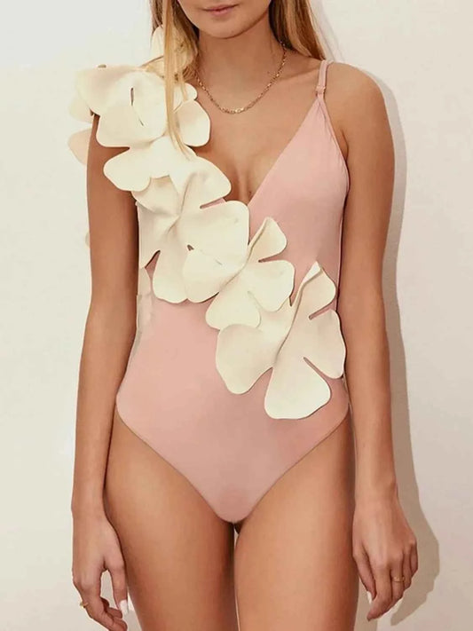 Contrast Flower Spaghetti Strap: One-Piece Swimwear