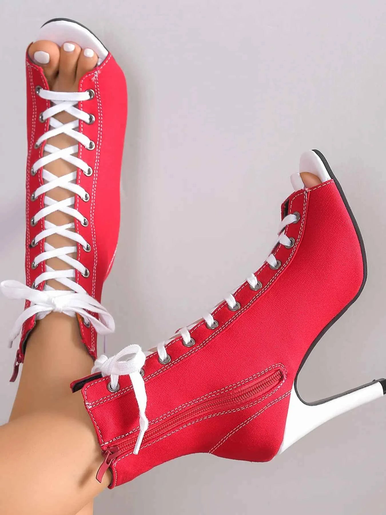 Canvas Lace-Up Peep Toe : Stiletto Ankle Boots