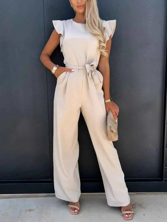 Ruffled Round Neck : Cap Sleeve Jumpsuit