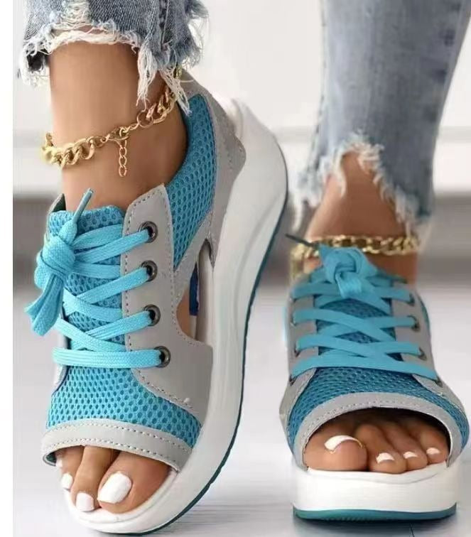 Summer Women Sandales Fashion Shoes Casual Flat Peep Toe Contrast Paneled Cutout Lace-up Muffin Sandals Platform Sport Sandalias eprolo