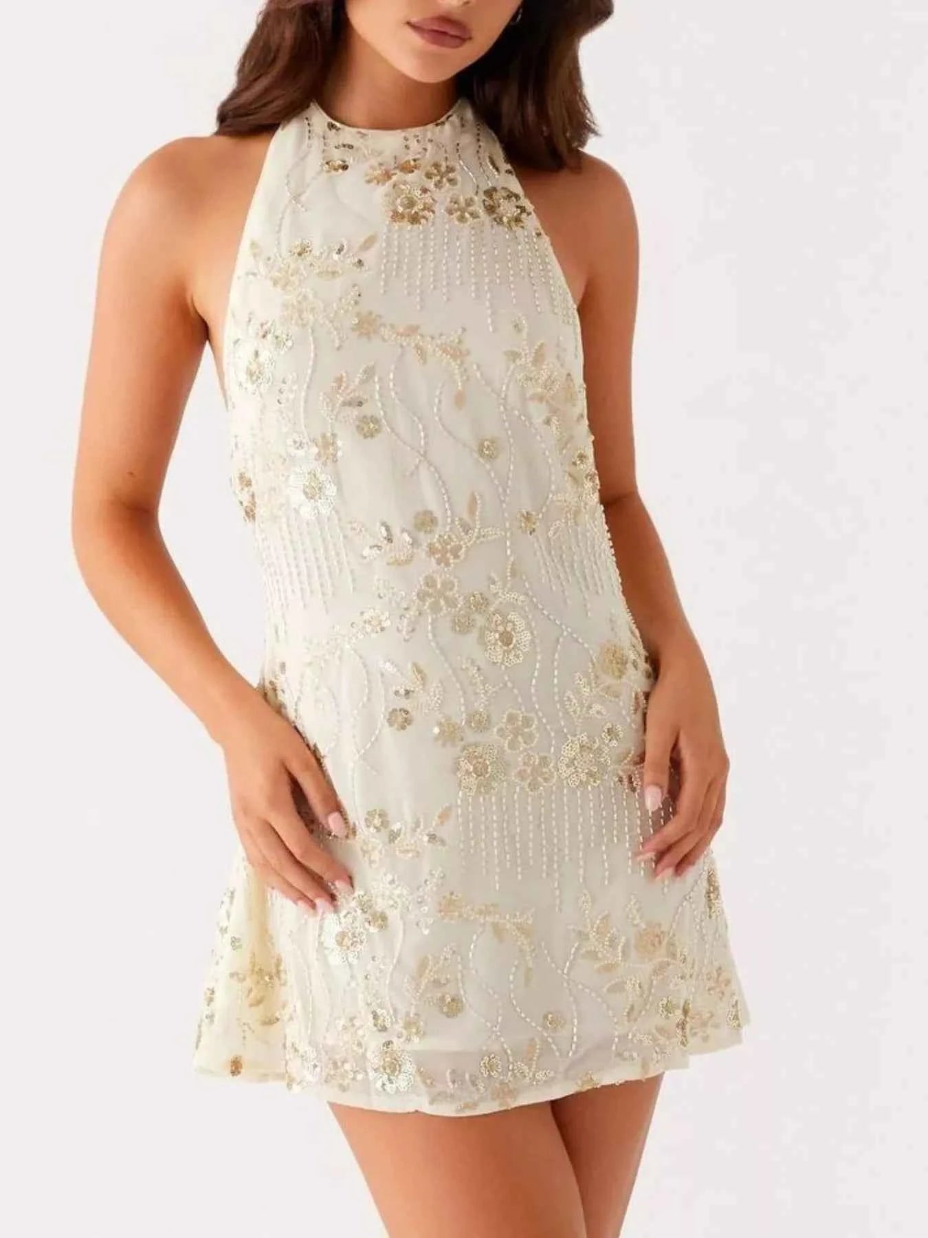 Backless Embroidered Halter Neck : Mini Dress