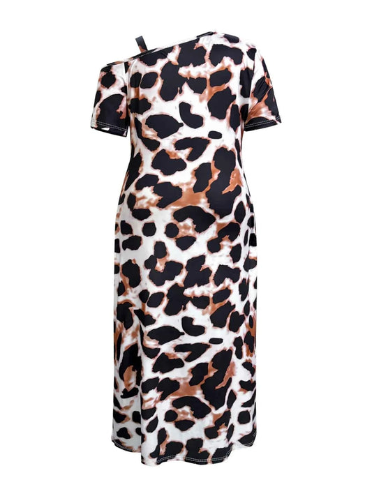Plus Size Leopard Print Short Sleeve Maxi Dress with Side Slit