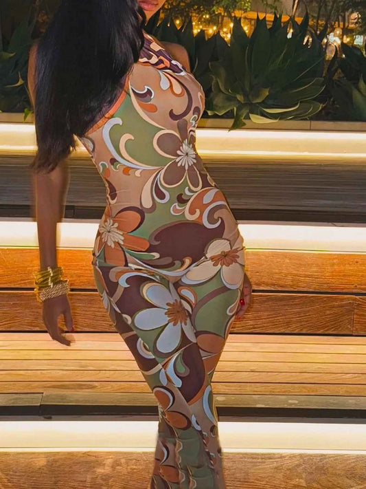 Tropical Print Halter Neck : Bodycon Jumpsuit