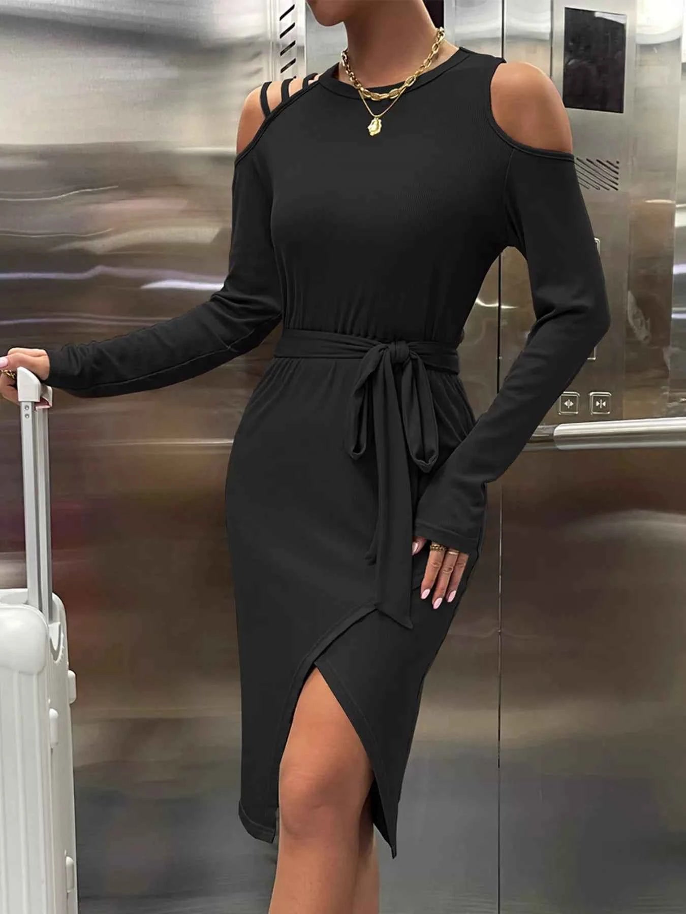 Cold Shoulder Tie Waist : Wrap Dress