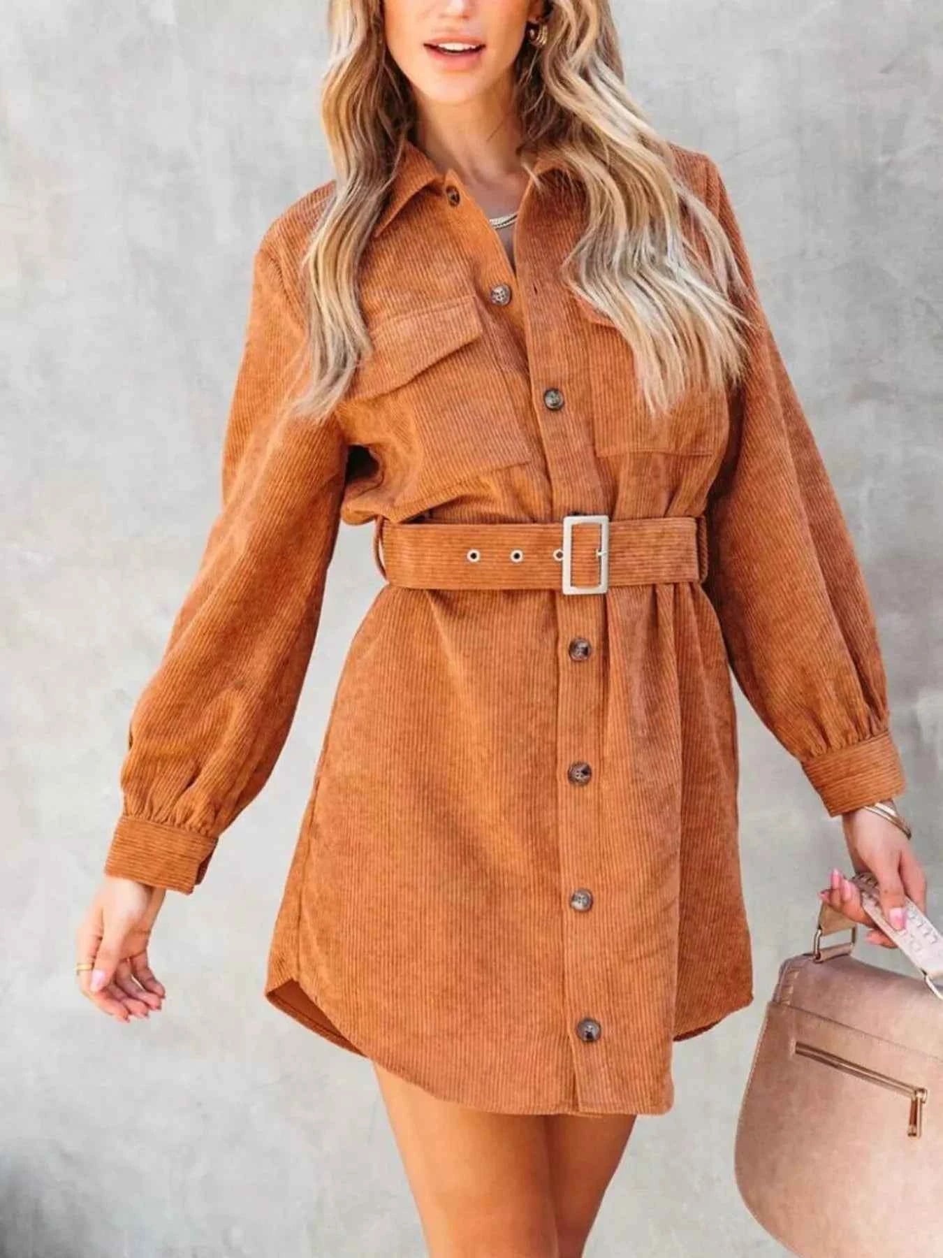 Stylish Button Front Belt Long Sleeve : Corduroy Dress