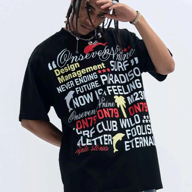 Men's Letter Round Neck Short Sleeve T-Shirt Black