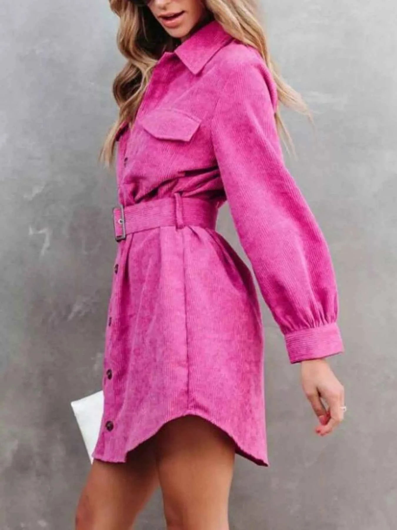 Stylish Button Front Belt Long Sleeve : Corduroy Dress