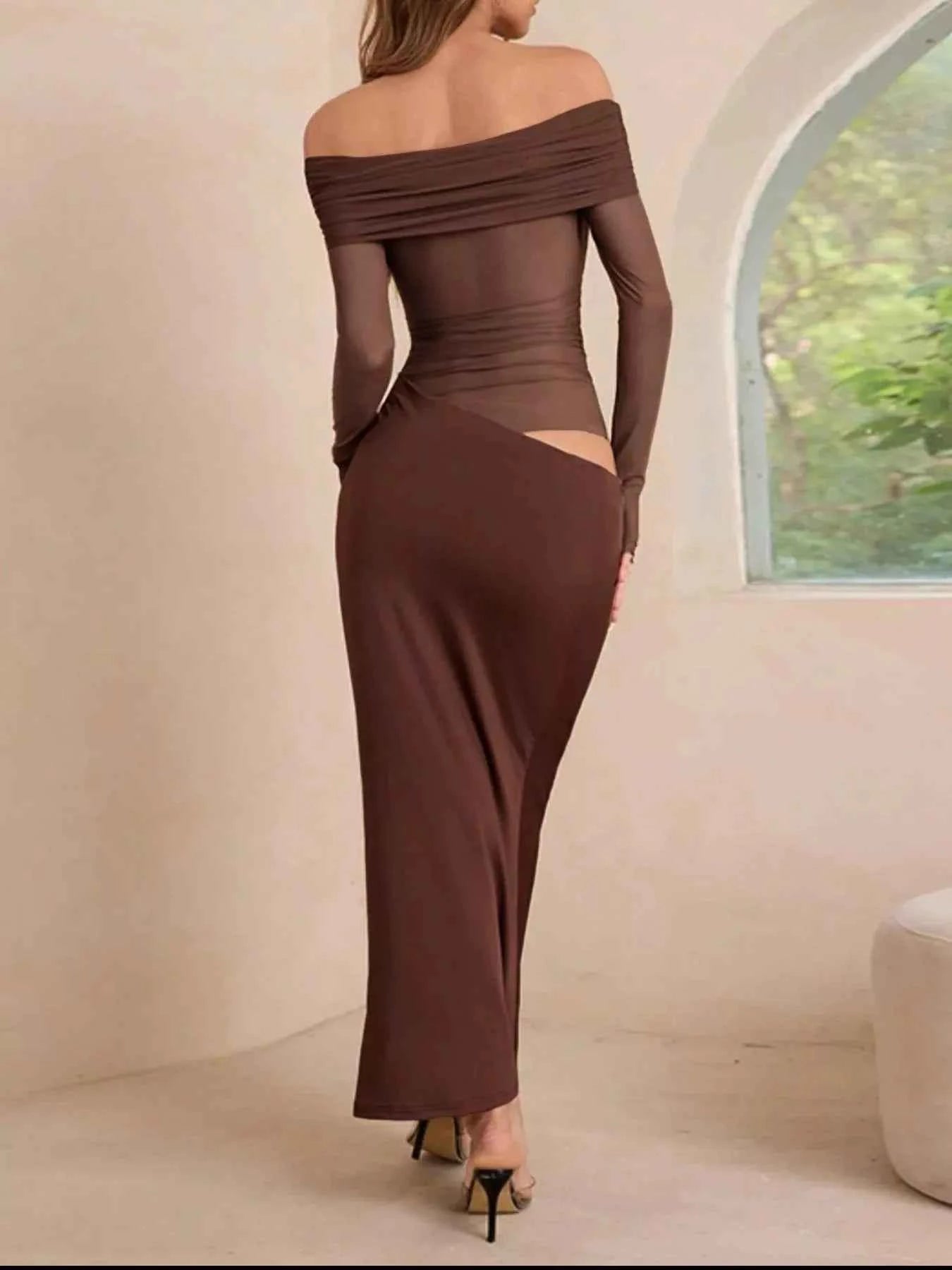 Off-Shoulder Long Sleeve Ruched : Bodycon Maxi Dress