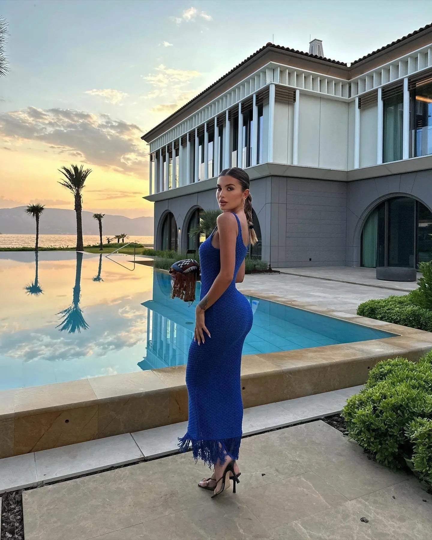 Woman Trendy Blue Square Collar Tassel Dress