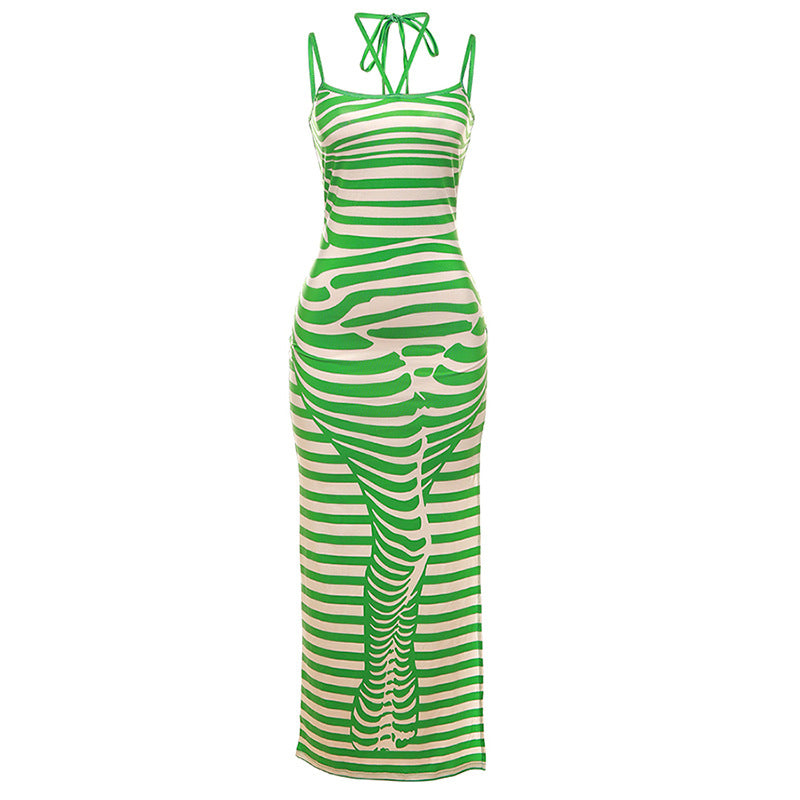Women Striped Printed Knit Sleeveless Dress