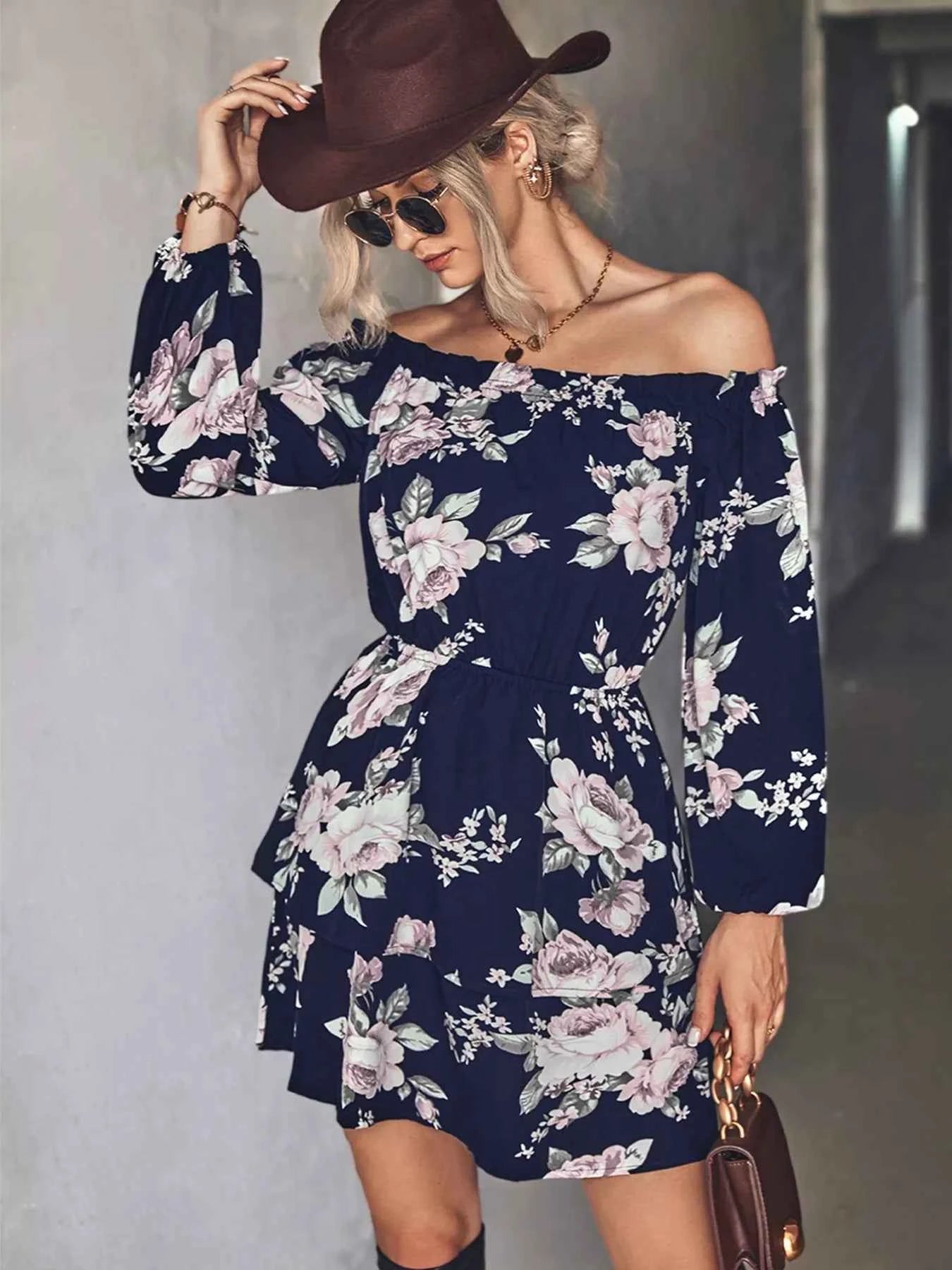 Off-Shoulder Floral Print : Long Sleeve Mini Dress