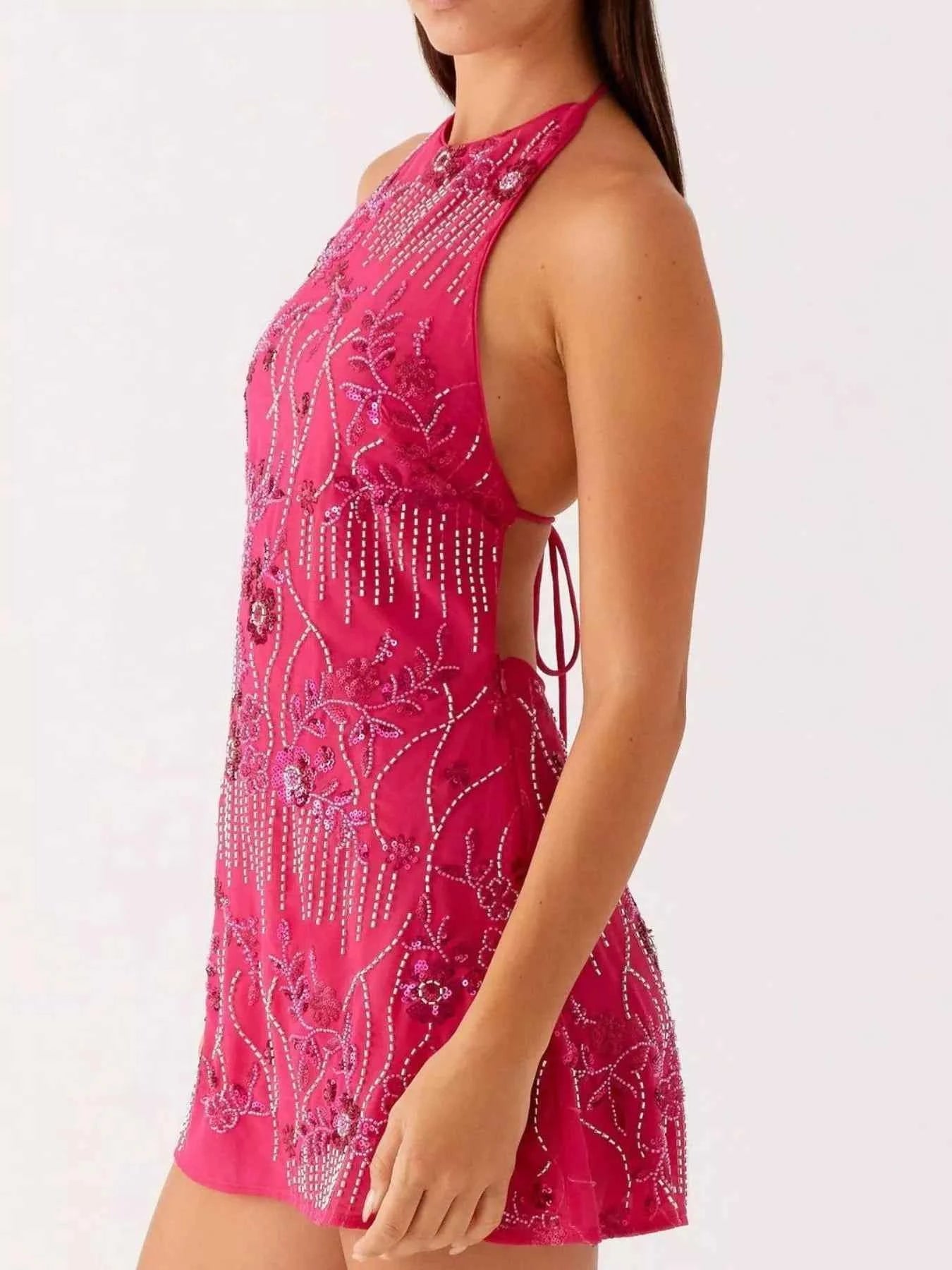 Backless Embroidered Halter Neck : Mini Dress