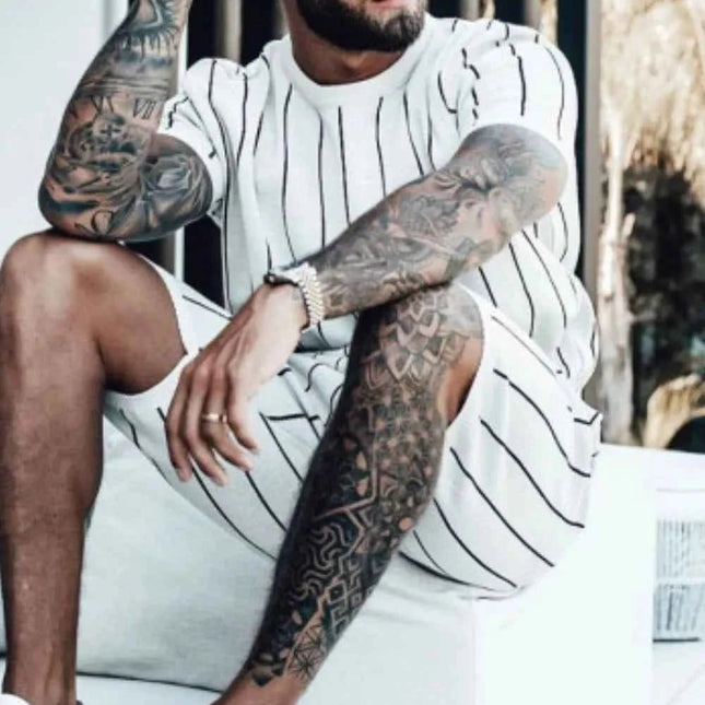 Men's Full Size Striped Casual Top and Shorts Summer Set Plus Size