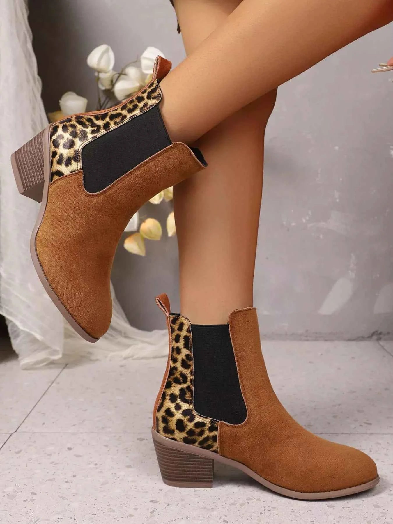 Leopard Print Chelsea Ankle Boots with Block Heel