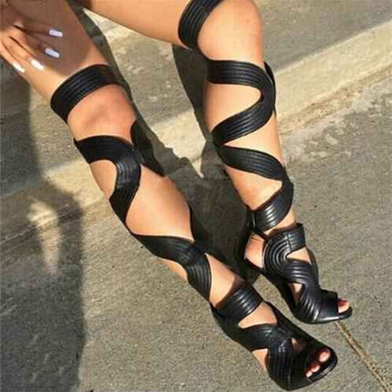 Sexy Open Toe Gladiator : Sandals Boots Black PU 6.5