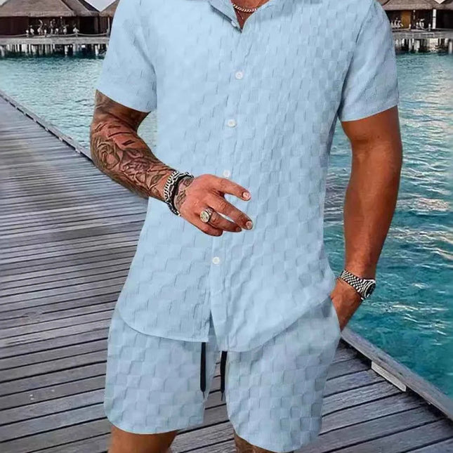 Men's Full Size Collared Neck Short Sleeve Top and Shorts Set Plus Size Light Blue