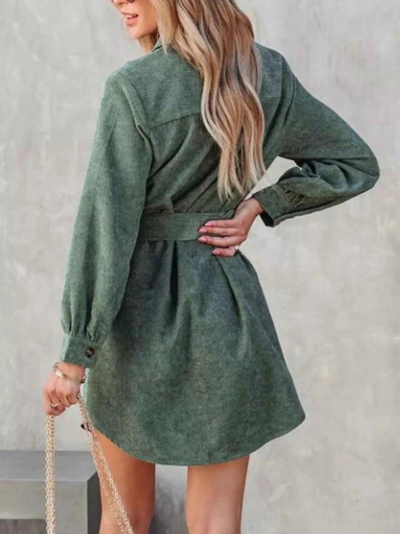 Stylish Button Front Belt Long Sleeve : Corduroy Dress
