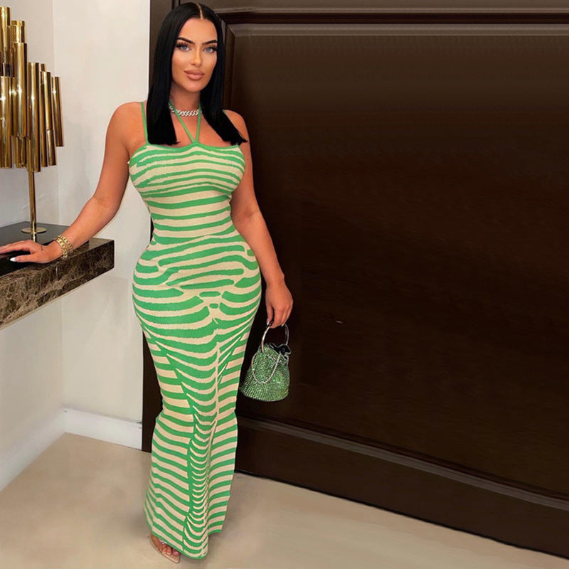 Women Striped Printed Knit Sleeveless Dress