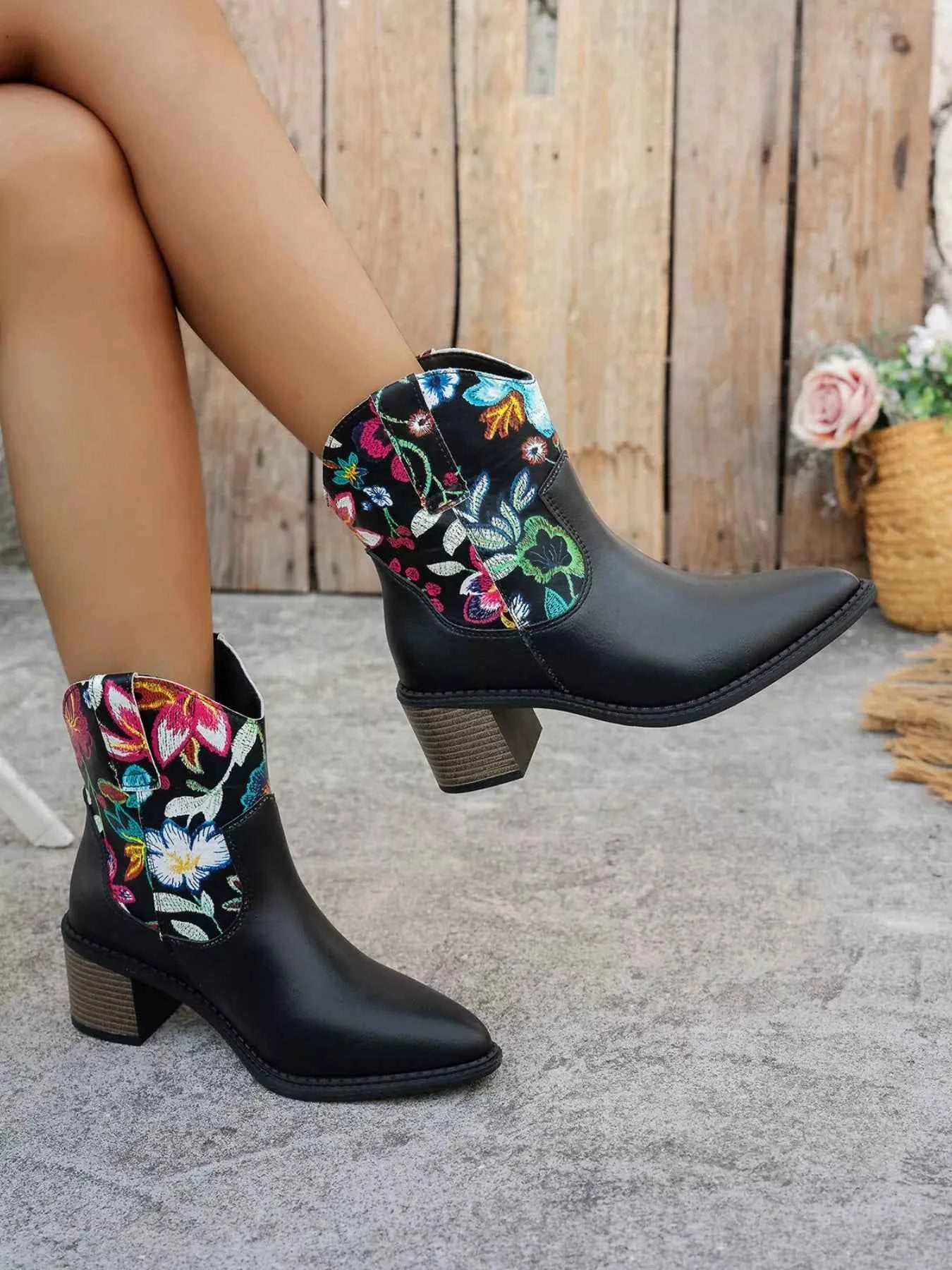 Leather Floral Embroidered : Western Ankle Boots