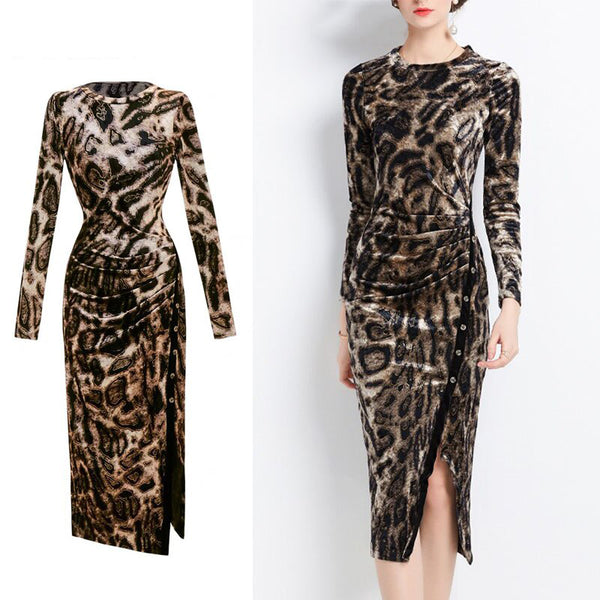Designer Pencil Split Leopard Midi Dress