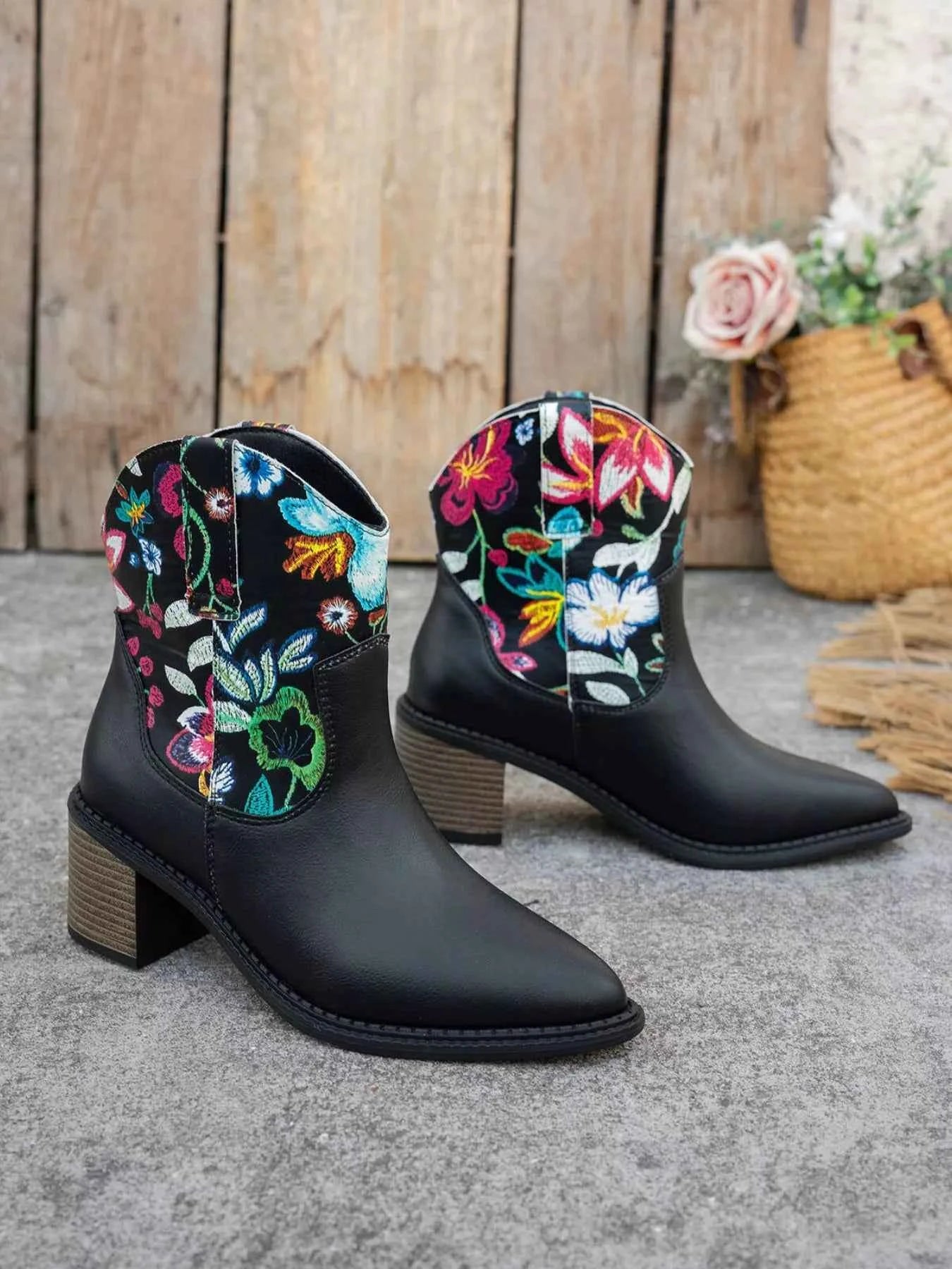 Leather Floral Embroidered : Western Ankle Boots
