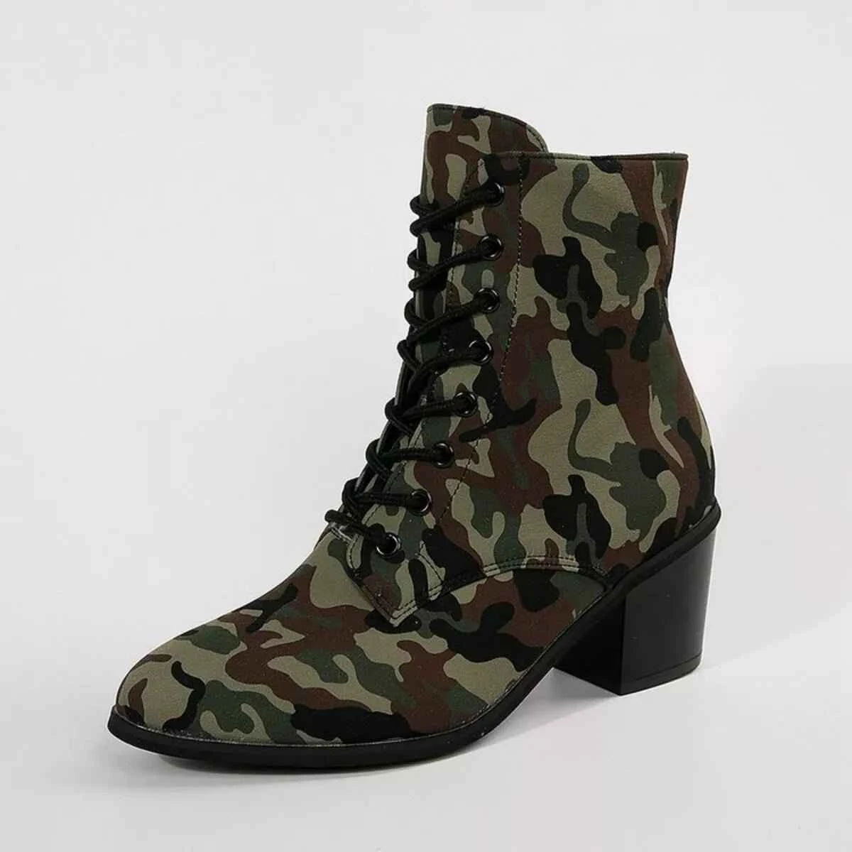 Camouflage Lace Up Block : Heels Boots