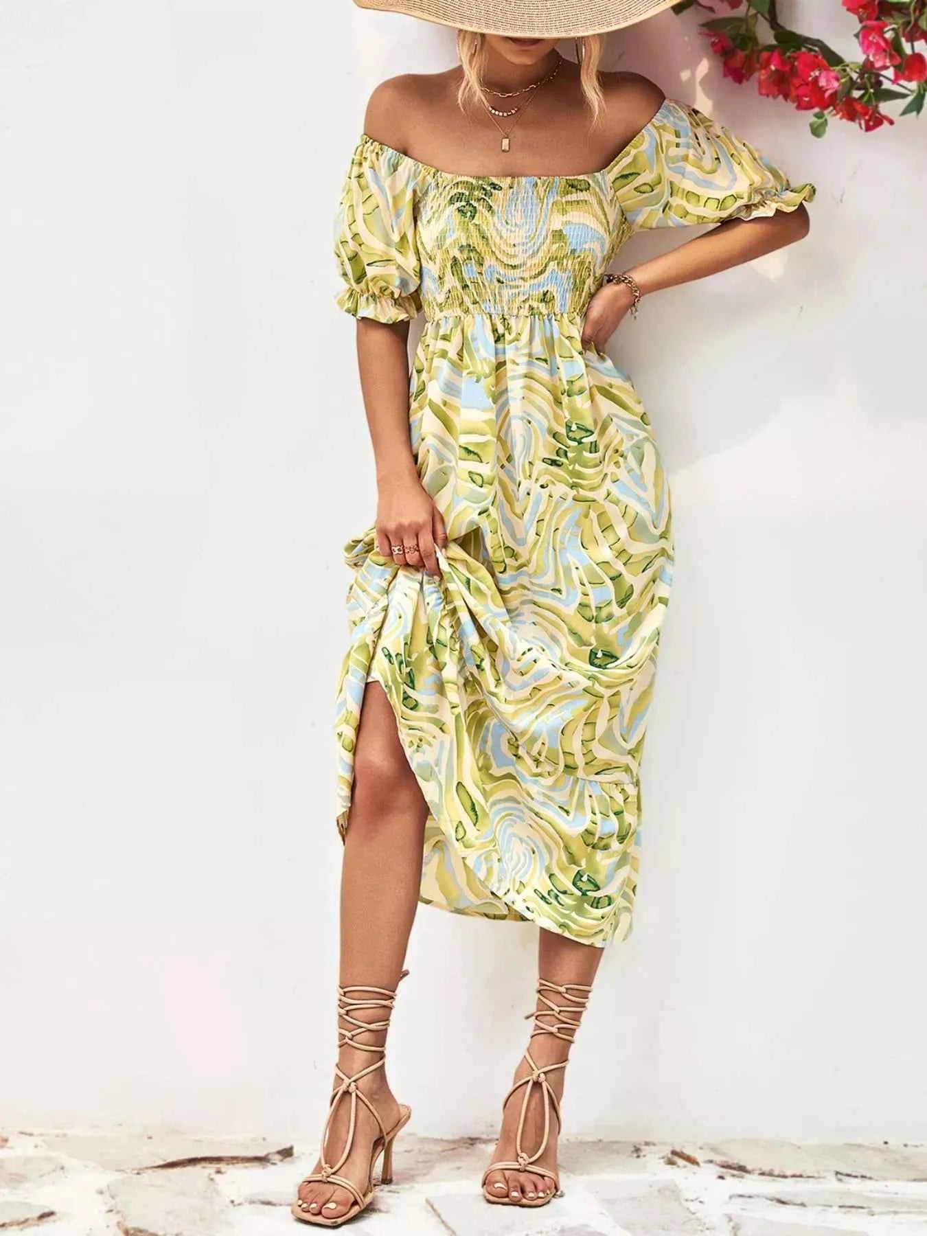 Smocked Printed Puff Sleeve : Midi Dress