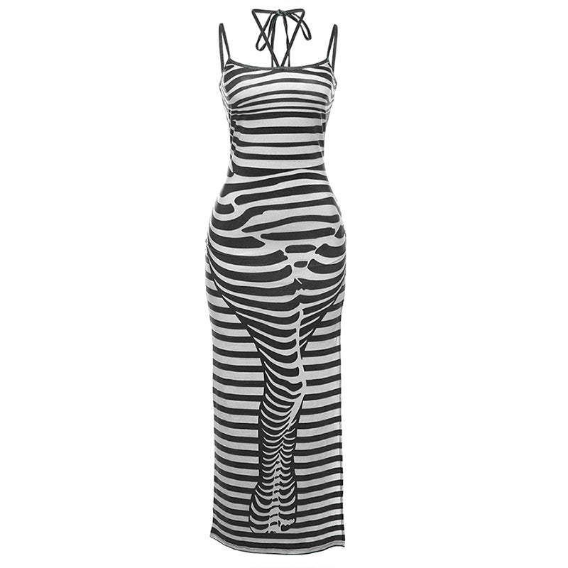 Women Striped Printed Knit Sleeveless Dress