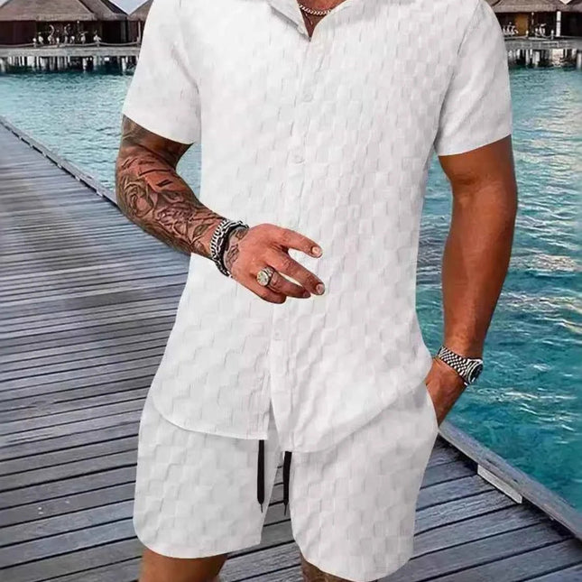 Men's Full Size Collared Neck Short Sleeve Top and Shorts Set Plus Size White