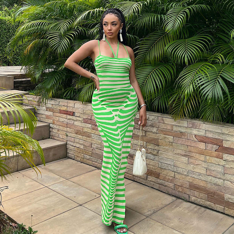 Women Striped Printed Knit Sleeveless Dress
