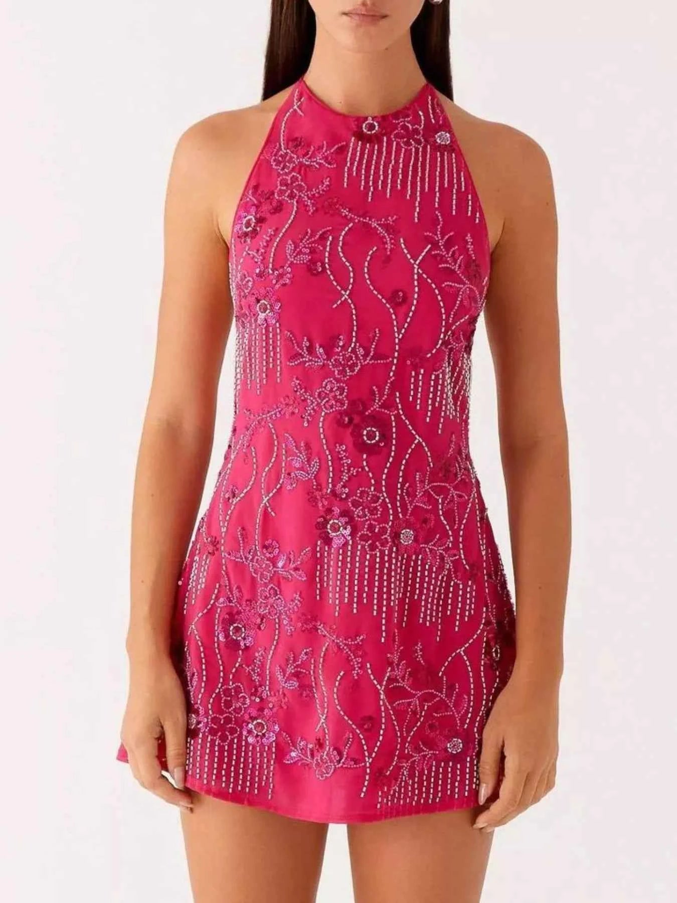 Backless Embroidered Halter Neck : Mini Dress