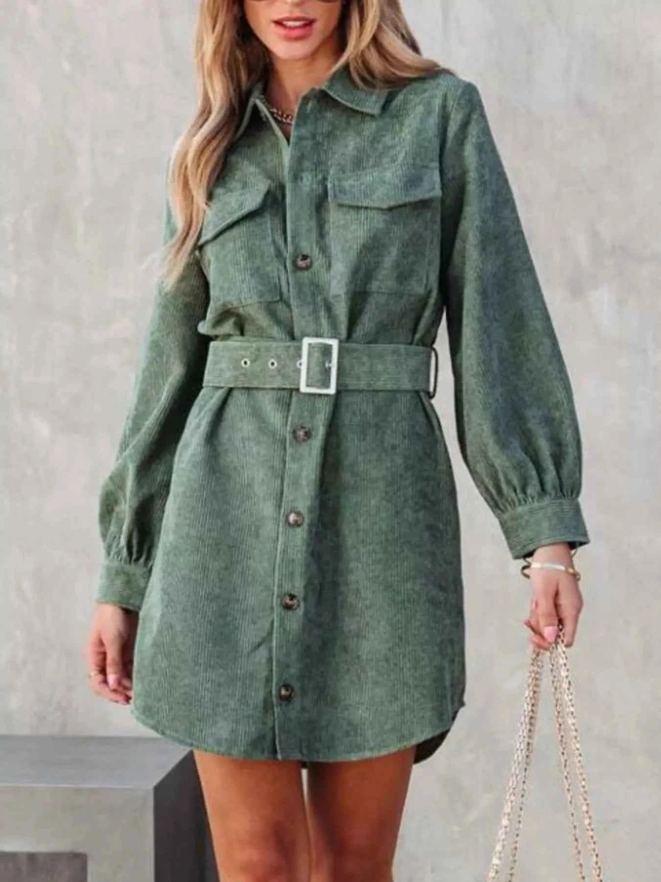 Stylish Button Front Belt Long Sleeve : Corduroy Dress