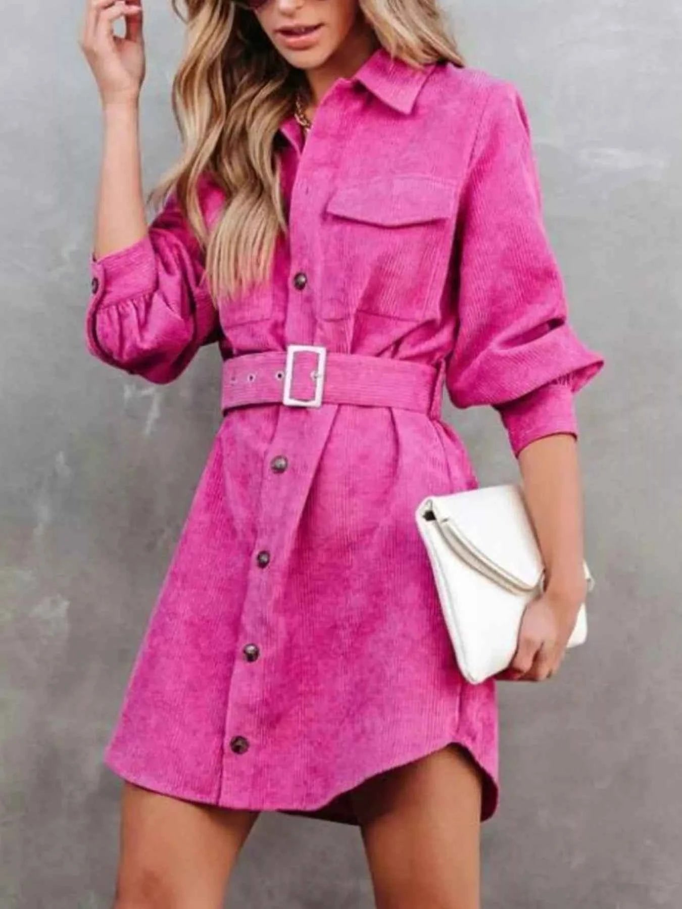 Stylish Button Front Belt Long Sleeve : Corduroy Dress