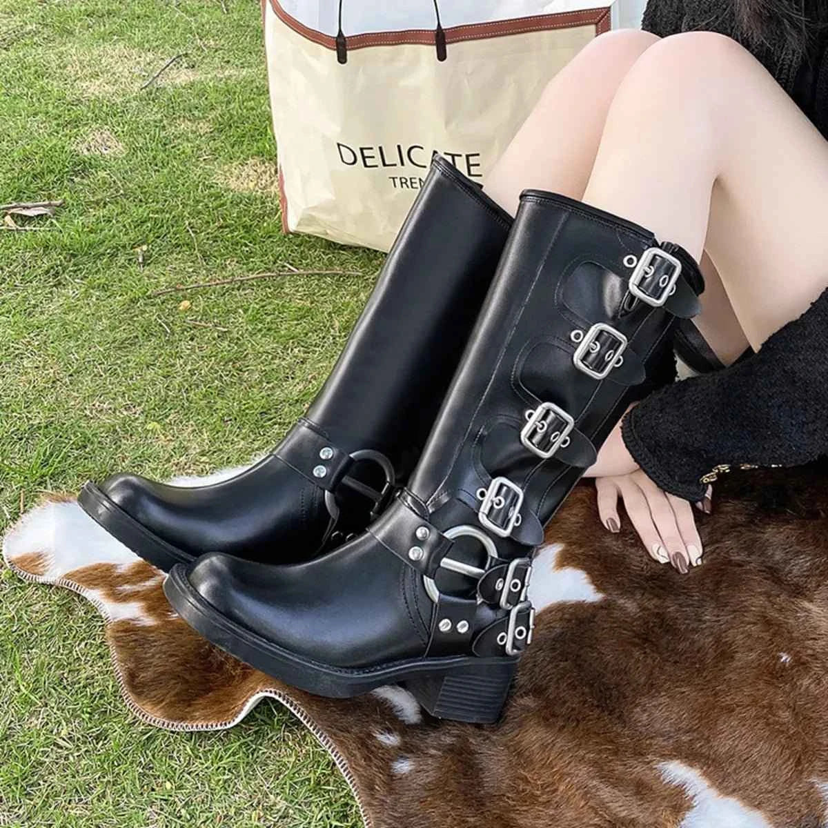 Block Heel Knee High : Motorcycle Boots With Buckle