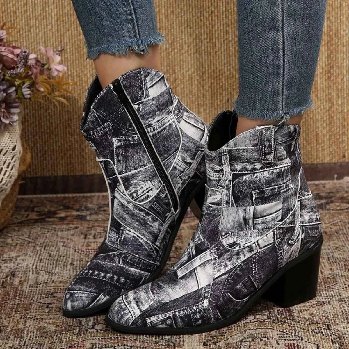 Demin Print : Point Toe Block Ankle Boots