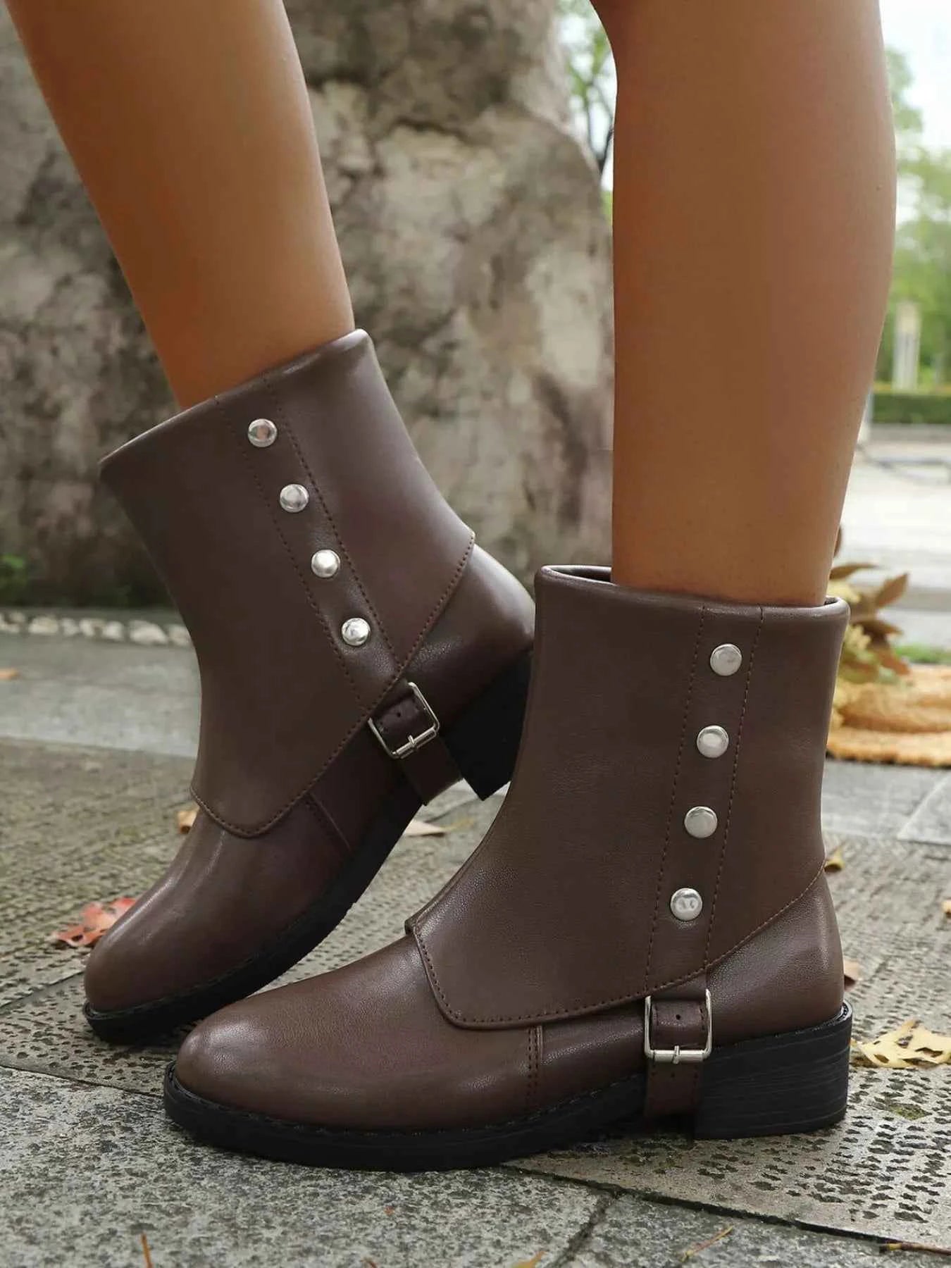 Stylish Buckled Block Heels Boots