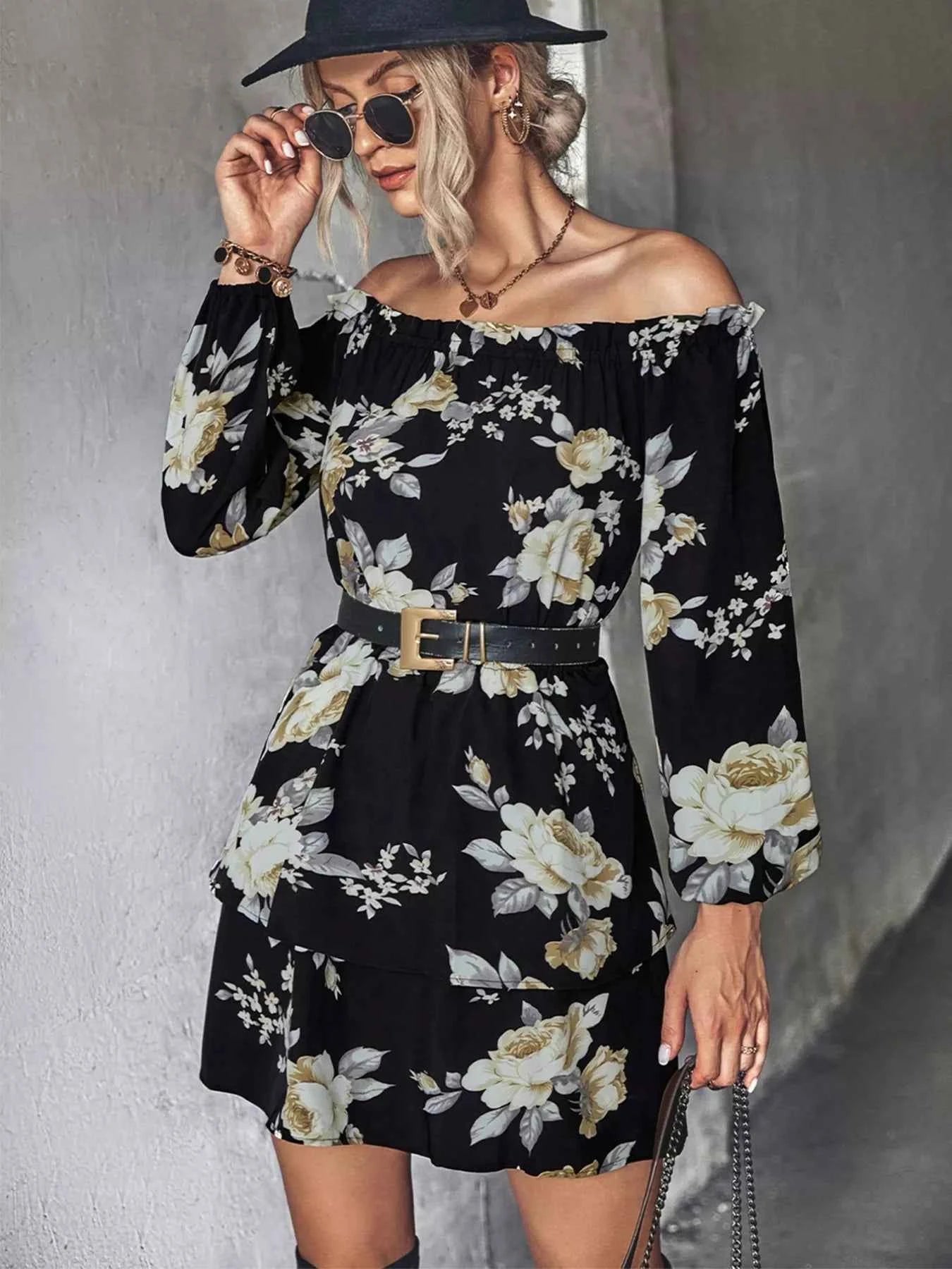 Off-Shoulder Floral Print : Long Sleeve Mini Dress