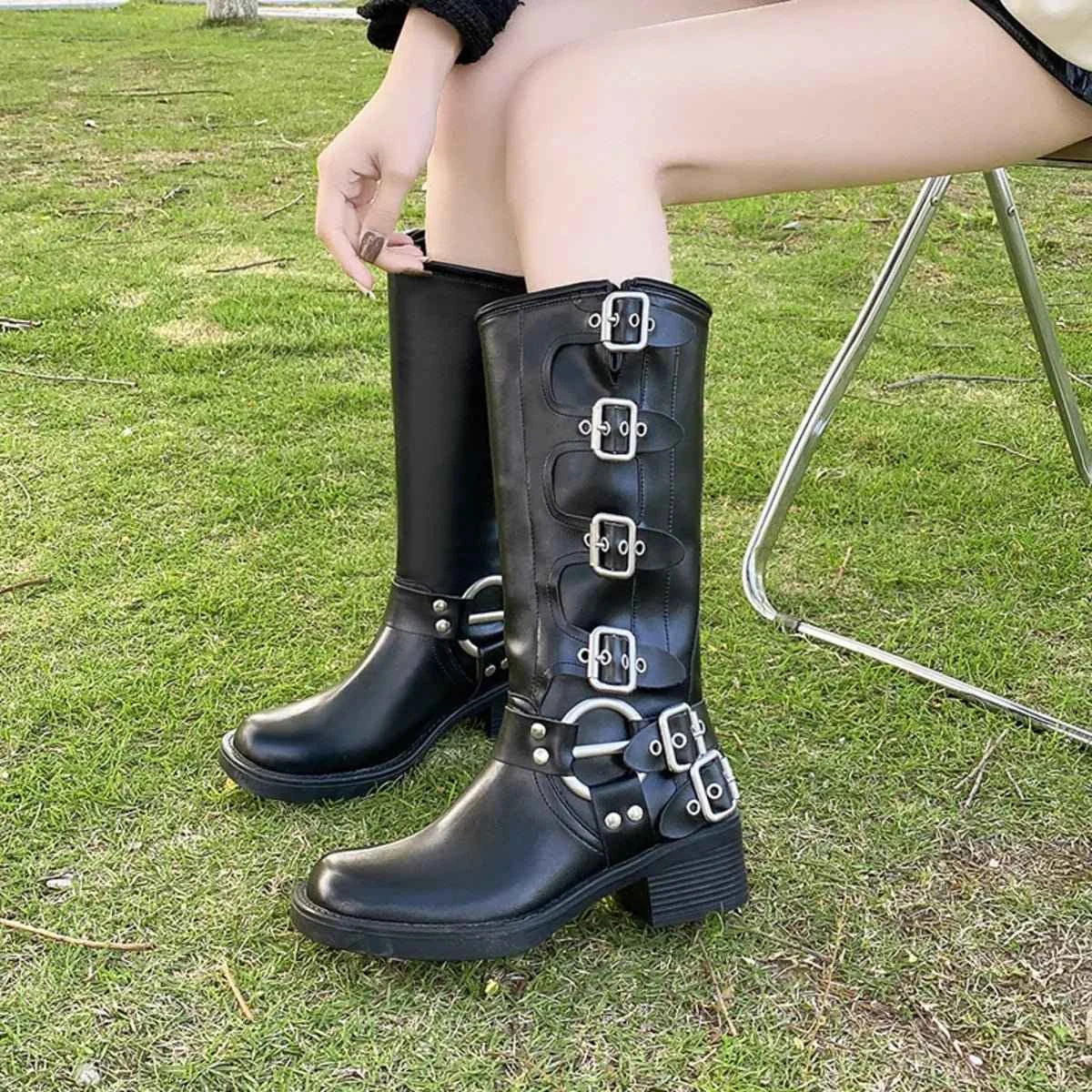 Block Heel Knee High : Motorcycle Boots With Buckle
