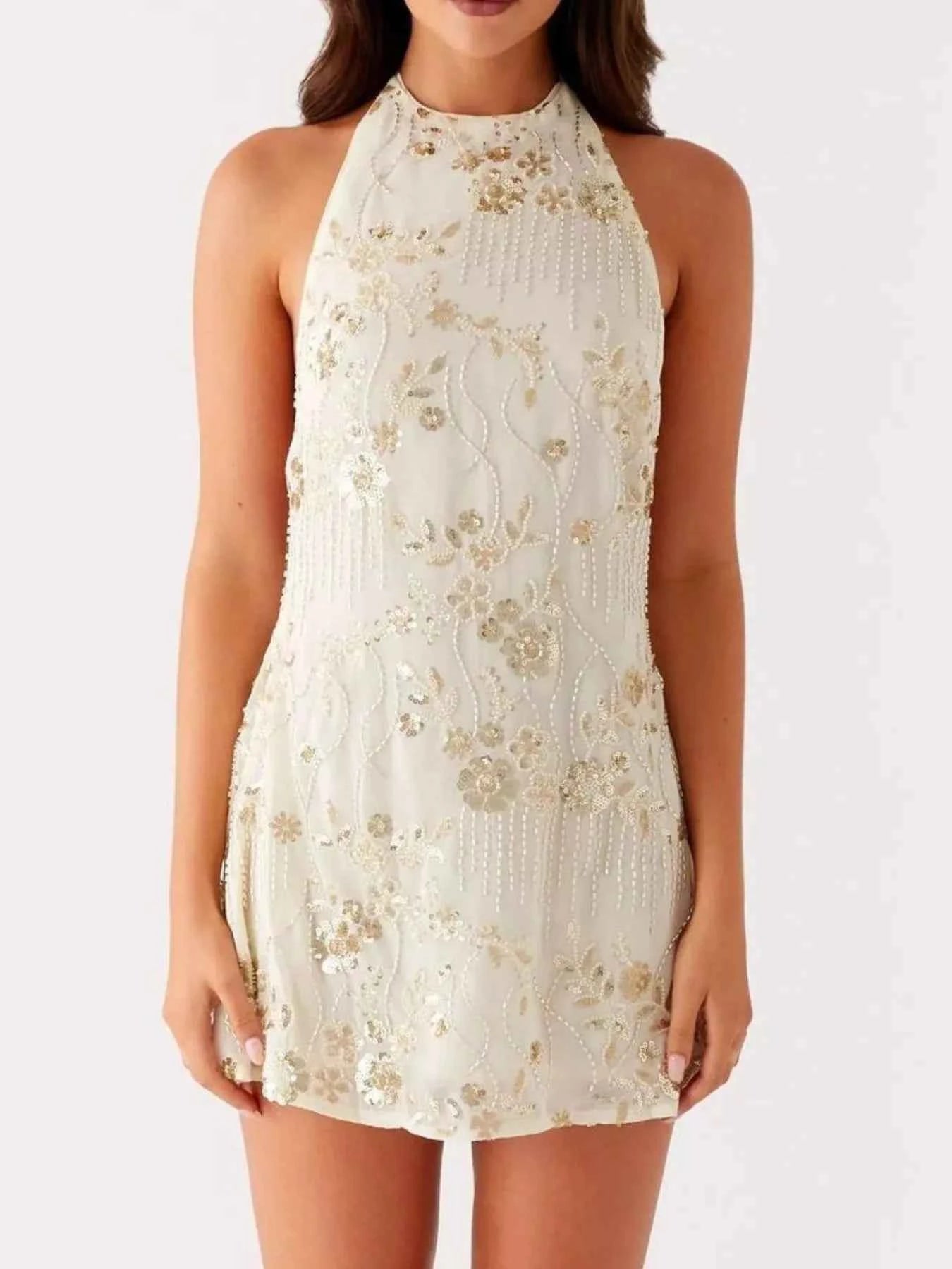 Backless Embroidered Halter Neck : Mini Dress