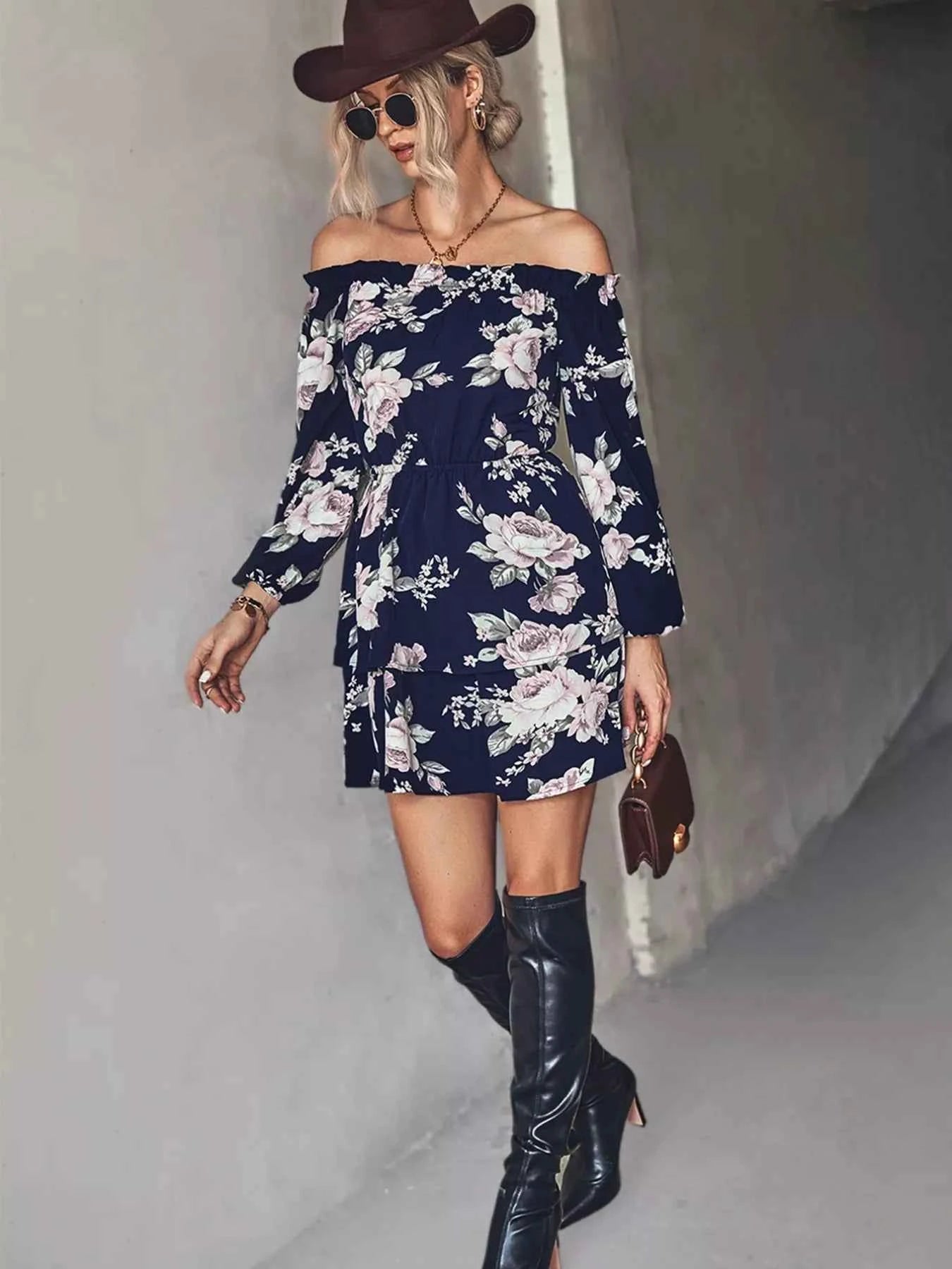Off-Shoulder Floral Print : Long Sleeve Mini Dress
