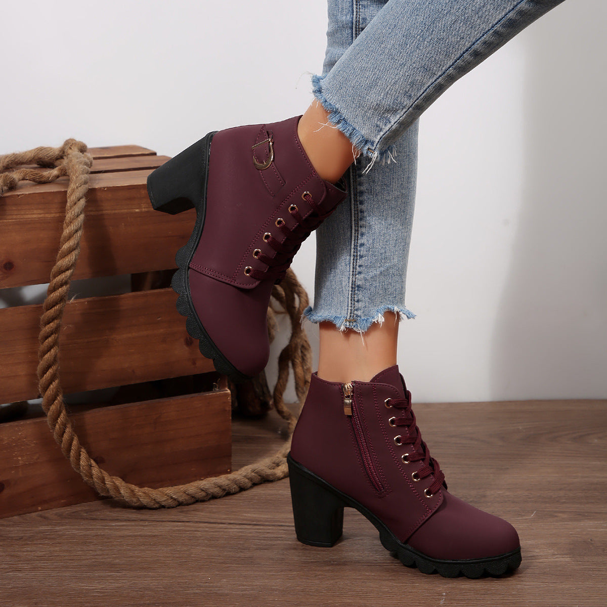 Womens Chunky Heel Leather Boots