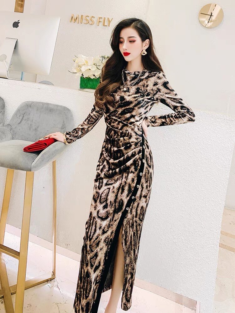 Designer Pencil Split Leopard Midi Dress