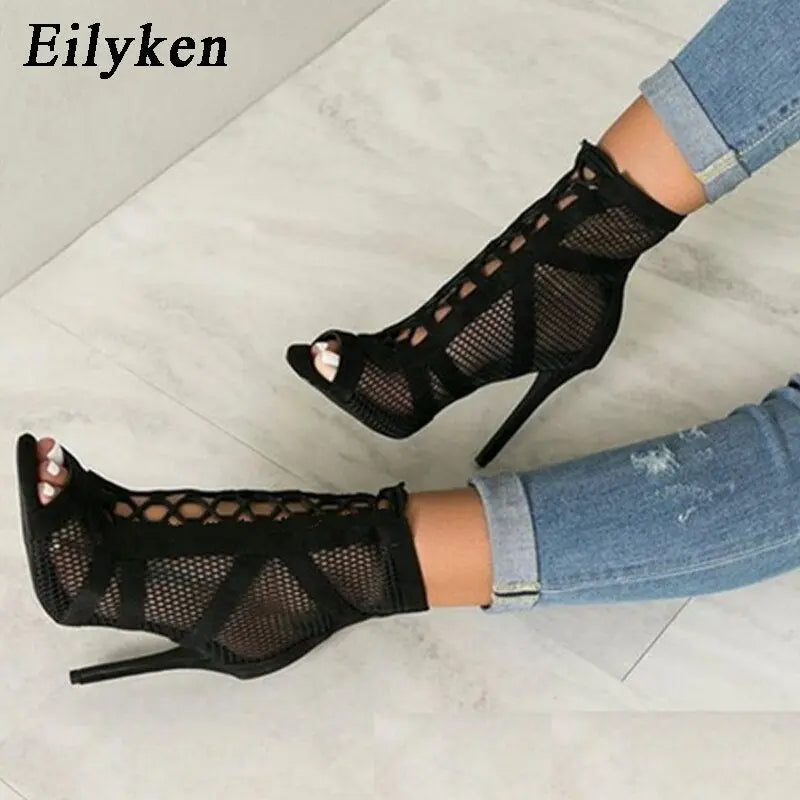 Fashion Black Net Fabric Cross-Tied High Heels ꫀꪶꫀᧁꪖꪀᥴꫀ꠸ᠻꪗ~ 𝔈𝔪𝔟𝔯𝔞𝔠𝔢 𝔈𝔩𝔢𝔤𝔞𝔫𝔠𝔢