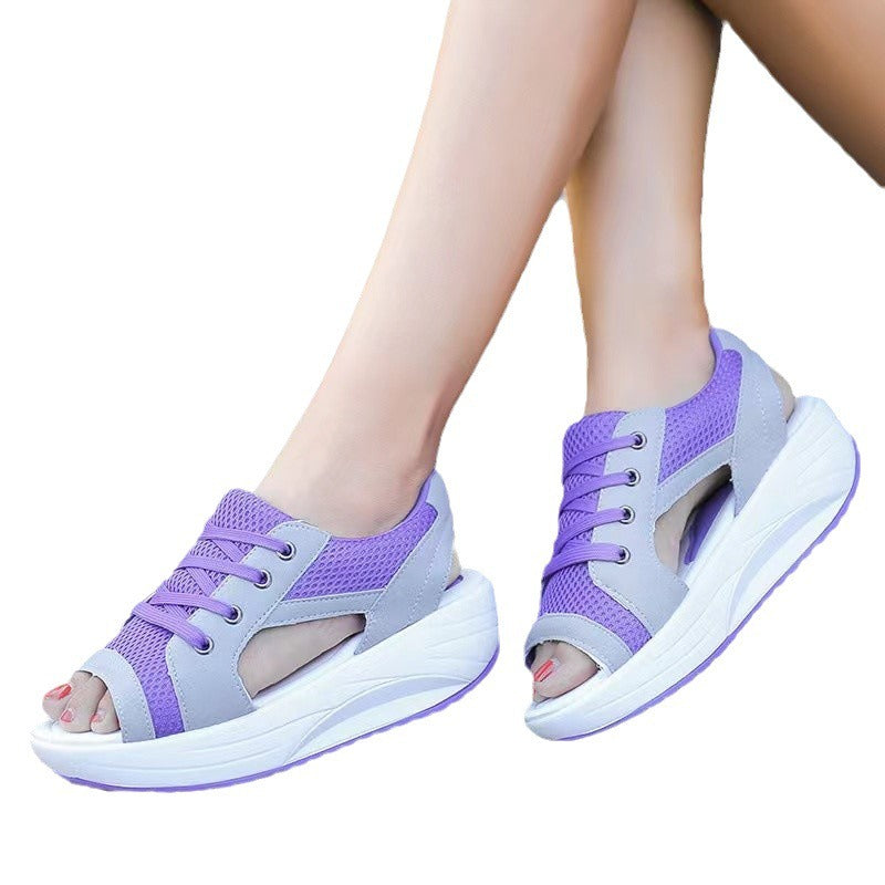 Summer Women Sandales Fashion Shoes Casual Flat Peep Toe Contrast Paneled Cutout Lace-up Muffin Sandals Platform Sport Sandalias eprolo