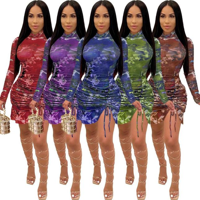 European Pleated Digital Printing : Long Sleeve Dress