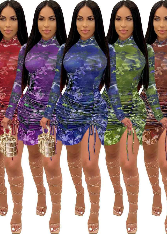 European Pleated Digital Printing : Long Sleeve Dress