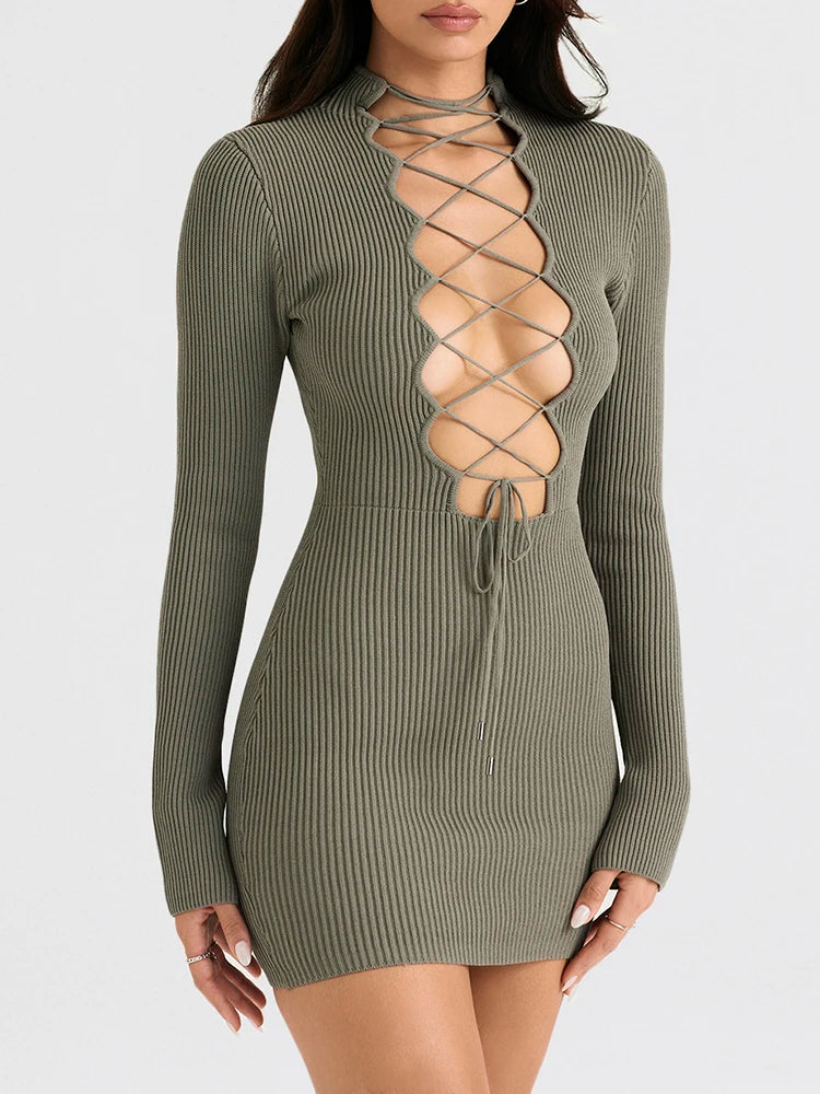 Women Sexy Short Dress With Lace-Up Design