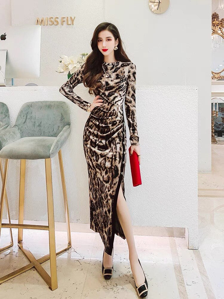 Designer Pencil Split Leopard Midi Dress