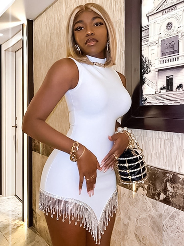 White Tassel Bodycon Prom Mini Dress